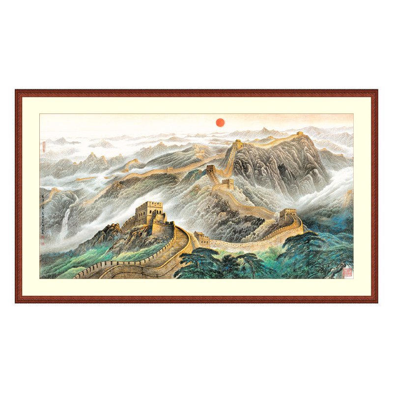 山水画风水万里长城靠山图国画旭日东升招财客厅装饰挂画太阳竖01