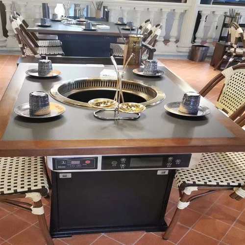 岩板火锅桌炖大鹅地锅鸡灶台商用无烟净化过滤铁锅炖一体餐桌厂家