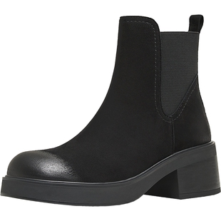 天美意厚底复古英伦加绒切尔西靴瘦瘦靴女鞋时装靴短靴2025冬新款