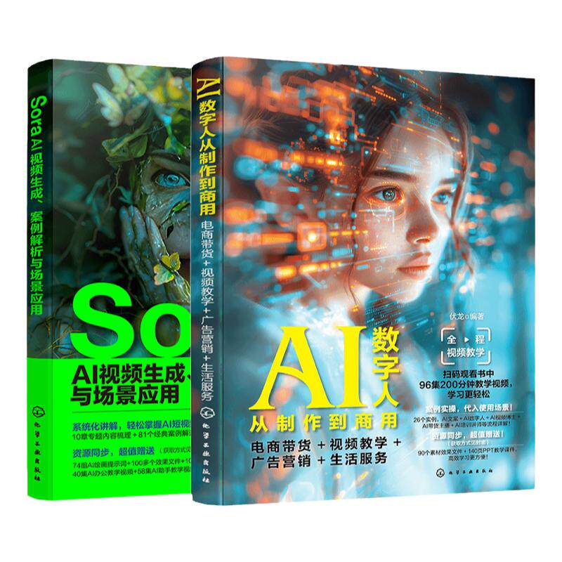 赠视频 2册 Sora AI视频生成案例解析与场景应用 AI数字人从制作到商用 电商带货 视频教学 广告营销 生活服务 视频制作实操案例书