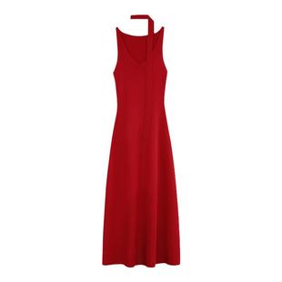 MULVAN 黑色v领针织连衣裙女夏季修身无袖背心裙高级感气质长裙