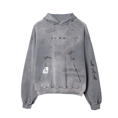 手绘印花贴布雾霾蓝水洗破坏卫衣