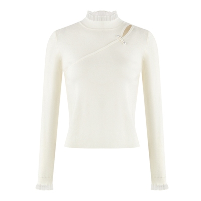 秋水伊人白色木耳边毛针织衫女