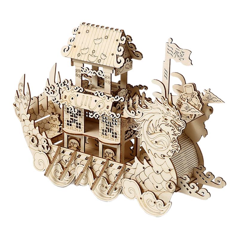 【顺丰包邮】3D木质龙舟拼图积木