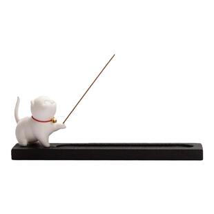 中式可爱小猫咪婚庆陶瓷摆件家居室内线香香插猫香托实木香座香道