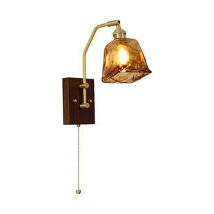 夜光杯法式复古卧室床头壁灯墙灯中古客厅民宿设计师拉线黄铜灯具