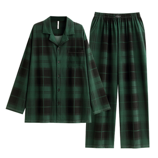 悦内睡衣男士春秋款秋季纯棉长袖家居服男款时尚复古格子开衫套装