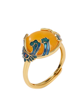 原创设计S925纯银镀金蜜蜡滴胶祥云蛋面镶嵌戒指国潮时尚优雅指环