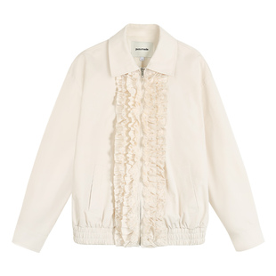 pusumede【现货7折】洋气木耳边翻领外套女宽松拉链开衫夹克上衣