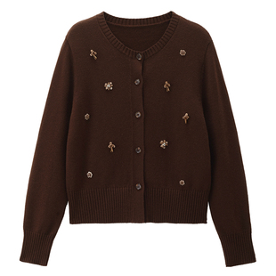 设计师款佐丹奴新款羊毛混纺珠片花朵宽松圆领针织开衫女18355832