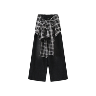 西町村屋复古直筒裤女2026春新款格纹屁帘时尚感牛仔裤XABA10220