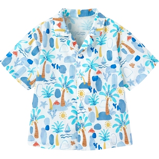 英氏儿童短袖衬衫夏季薄款户外男童百搭宽松休闲海边度假沙滩衬衣