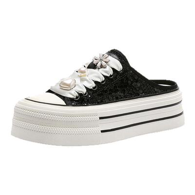 星期六亮片系带厚底增高穆勒鞋