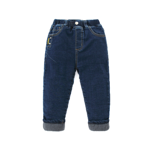 儿童夹棉牛仔裤外穿裤子冬装三层加厚高腰男童加绒棉裤大童保暖裤