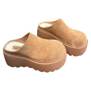 磨砂牛皮松糕厚底包头半拖鞋女外穿复古真皮百搭小个子增高毛拖鞋