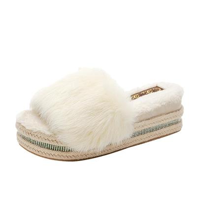 水钻毛毛拖鞋女外穿2025新款韩版秋冬加绒松糕厚底鞋平底增高拖鞋