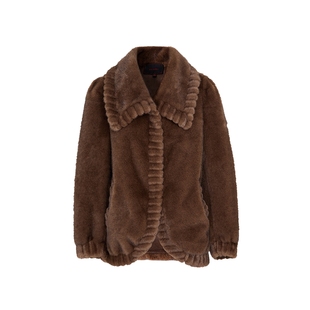 马天奴冬季新款纯色翻领毛绒外套短款长袖气质简约保暖外搭时尚