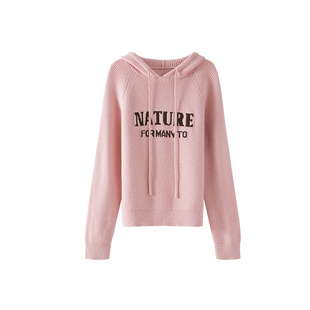 OSA欧莎暖粉色字母连帽针织衫女冬新款休闲宽松软糯毛衣减龄上衣