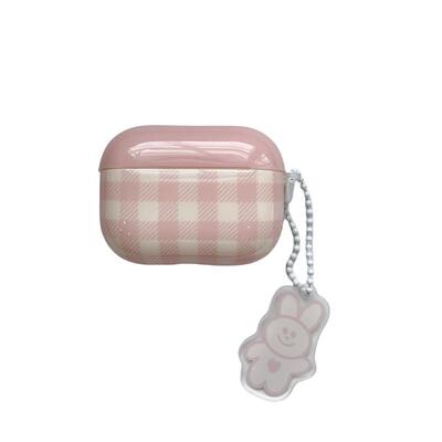 少女粉格纹小兔挂件适用苹果耳机保护套airpods4无线蓝牙耳机壳四代airpodpro2二代ipod耳机套airpods3保护壳