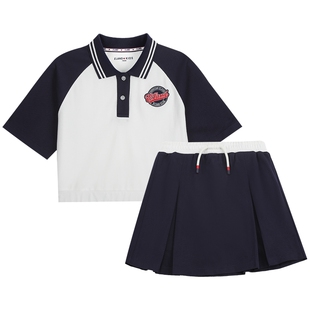 【凉感抗菌】eland kids衣恋童装女童套装夏季学院风翻领T恤短裙