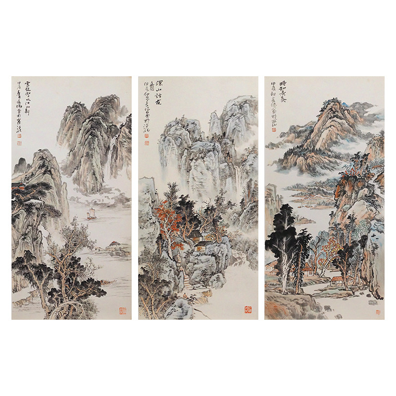 孤品收藏仅一套 名家手绘山水三联挂画客厅餐厅茶室挂画 买完下架