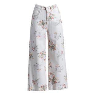 白色印花阔腿牛仔裤女2026新款春秋季女裤九分裤高腰碎花直筒裤子