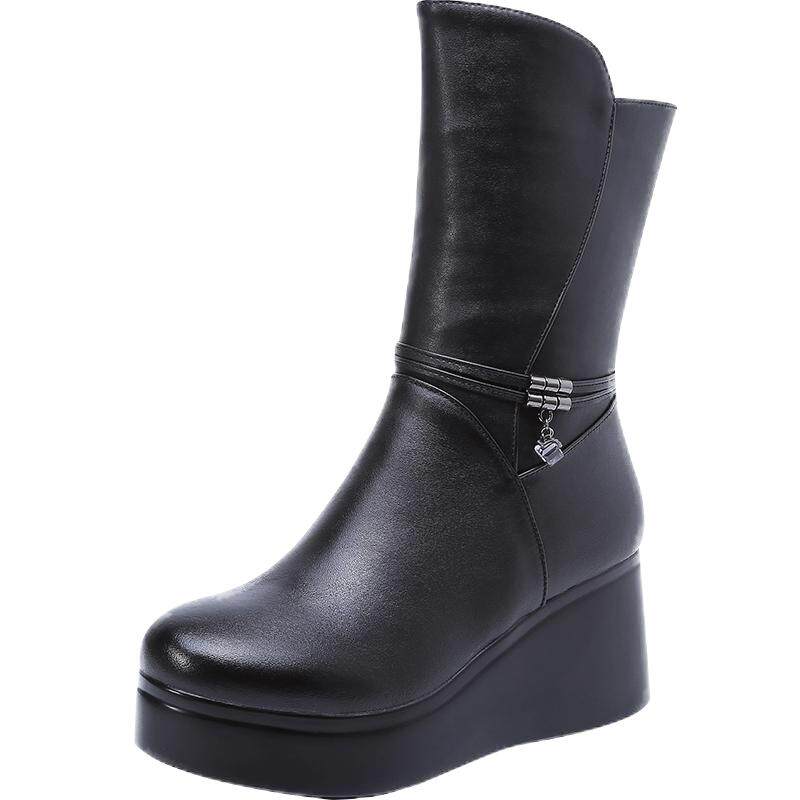 秋冬新款牛皮厚底坡跟高靴高跟加绒保暖中筒靴骑士靴女鞋靴皮鞋