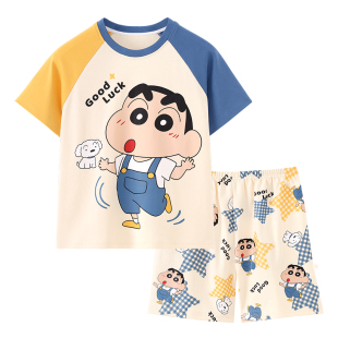 2026新款男童睡衣夏季纯棉短袖卡通恐龙家居服套装男孩中大童薄款