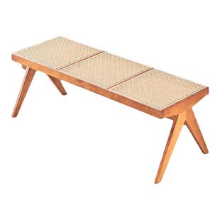 北欧藤编长凳ins原木实木餐椅家用凳子昌迪加尔床尾长条凳换鞋凳