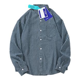 WASSUP潮牌水洗条纹牛仔长袖衬衫男日系休闲复古蓝衬衣外套春秋季
