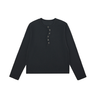 EK EVILKNIGHT早春纯色基础扭曲领口亨利领华夫格套头长袖chicT恤