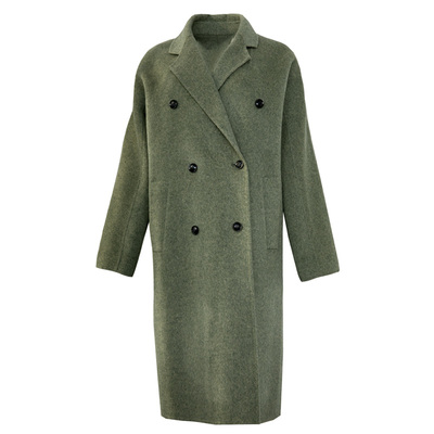 绿色阿尔巴卡羊绒系带呢子大衣