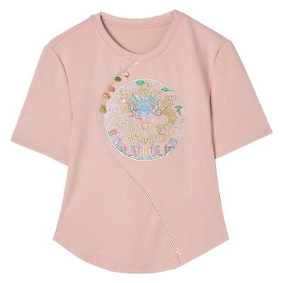 刺绣图案套头短袖T恤女