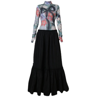 坏品味西部 蝴蝶结印花撞色拼接假两件设计春季长款连衣裙