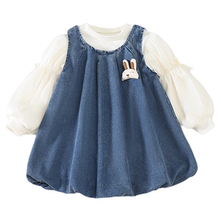 拉夏贝尔女童春装女孩宝宝衣服两件套套装洋气牛仔裙背心连衣裙