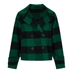 曼德诗短款羊毛呢大衣女款2025春春秋新款宽松显瘦格子双面呢外套