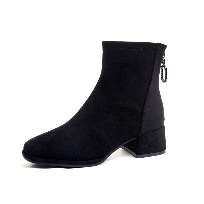 粗跟切尔西靴女2025秋冬新款韩版百搭绒面中跟女靴后拉链复古短靴