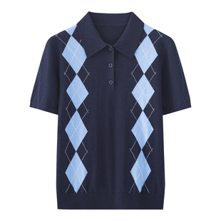 复古菱格POLO领短袖针织衫女T恤高级感可机洗绵羊毛翻领上衣春夏