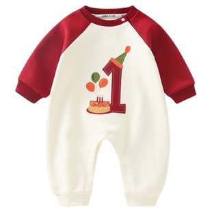 婴儿周岁衣服抓周1岁男宝宝冬装连体衣秋季婴幼儿爬服加绒外出服