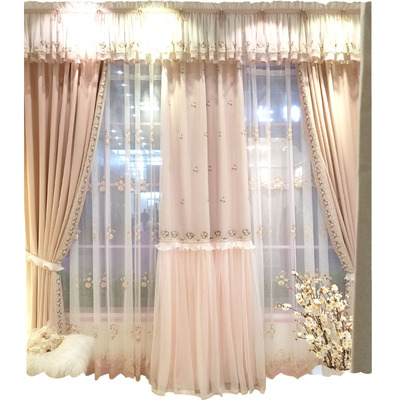 卡汀华丽美式田园风粉色绣花窗帘