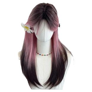 渐变假发女长发暹罗猫樱花色黑长直刘海粉假发全头套