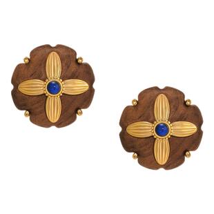 Oups张靓颖同款乌鲁花语耳环金色复古木头青金石耳饰925银女原创