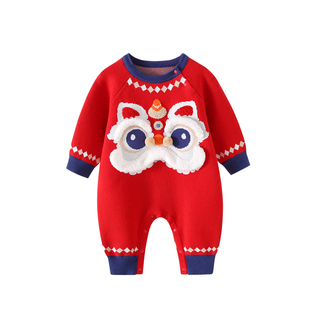 柠檬爬爬宝宝拜年服婴儿过年喜庆连体衣新年装红色针织哈衣秋冬装