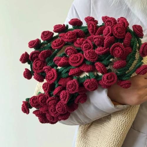 玫瑰花束毯子手工编织diy材料包毛线钩织自制花朵毛毯送女友礼物