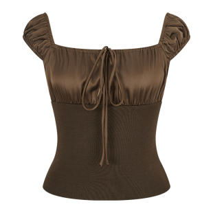 MosesQueen魔西女王咖色一字肩短袖t恤修身显瘦系带露肩短款上衣