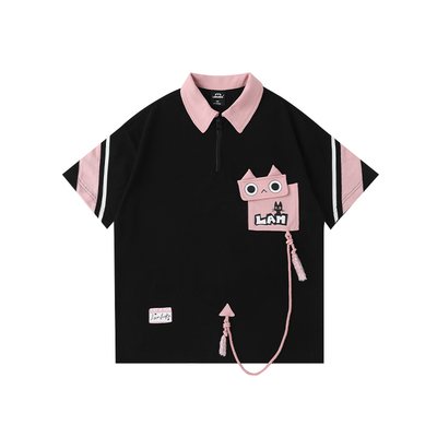 LAMLICKA几何小猫口袋polo衫短袖