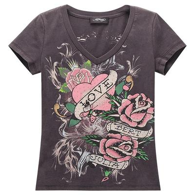 Ed Hardy埃德哈迪2025春季新款拔印烫钻女士黑色合身短袖T恤