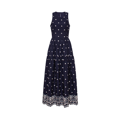 TOP家 度假战袍 法式复古重工全件手工绣花露背无袖超大摆连衣裙