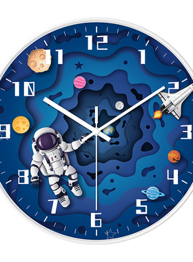 时钟挂钟创意宇航员太空主题儿童房装饰时钟家用静音挂表免打孔