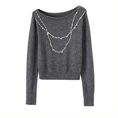 BANANACICI珍珠项链斜肩毛衣